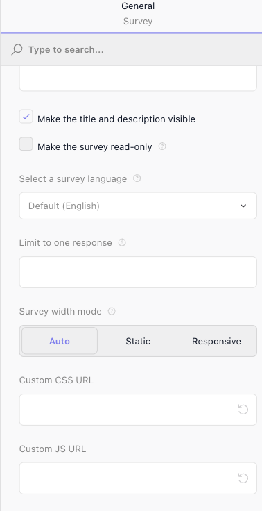 The form's General settings, with Custom CSS URL and Custom JS URL fields at the bottom.