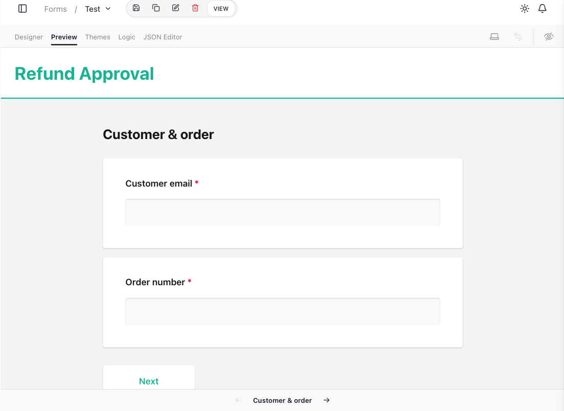 The Refund Approval form in Preview: the themed, respondent-facing form showing its first page and a Next button.