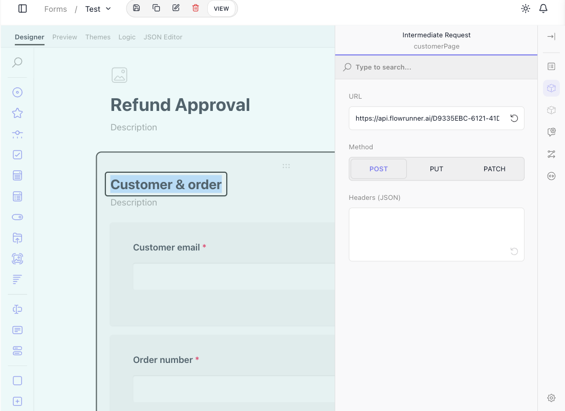 The Intermediate Request for the "Customer & order" page: a URL pointing at a flow through the Call Flow API, with the method set to POST.