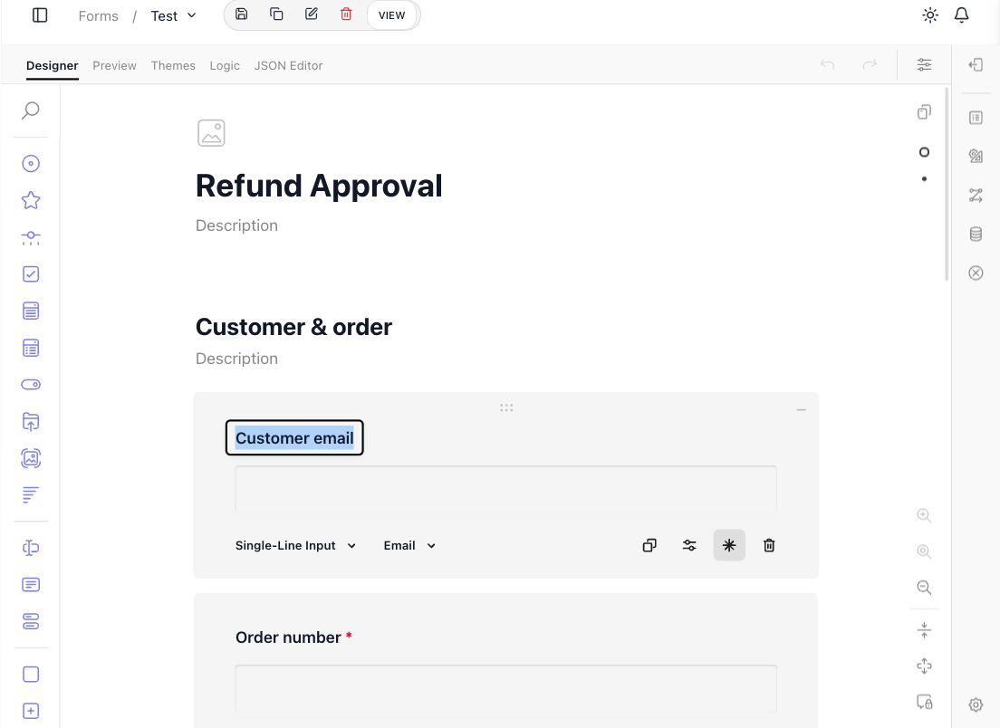 The "Customer email" question selected on the canvas: its type set to Single-Line Input, input type Email, with duplicate, settings, required, and delete controls beneath it.