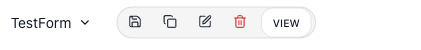 The Forms builder's top toolbar for "TestForm": the form-name dropdown, save, duplicate, edit, and delete icons, and a VIEW button that opens the form at its dedicated public URL.