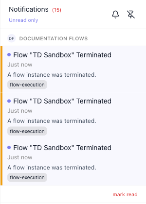 The top of the notification panel: the title Notifications with a count of 15, the "Unread only" link beneath it, and two icon buttons on the right. Under the heading "DF DOCUMENTATION FLOWS" are three entries, each with a dot, the title Flow "TD Sandbox" Terminated, the time "Just now", the line "A flow instance was terminated." and a flow-execution chip. A red "mark read" link closes the group.