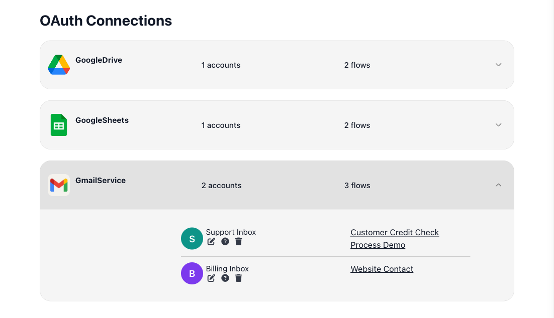 The OAuth Connections list: three services with their account and flow counts, GmailService expanded to its two authorized accounts, each beside the flows that use it.