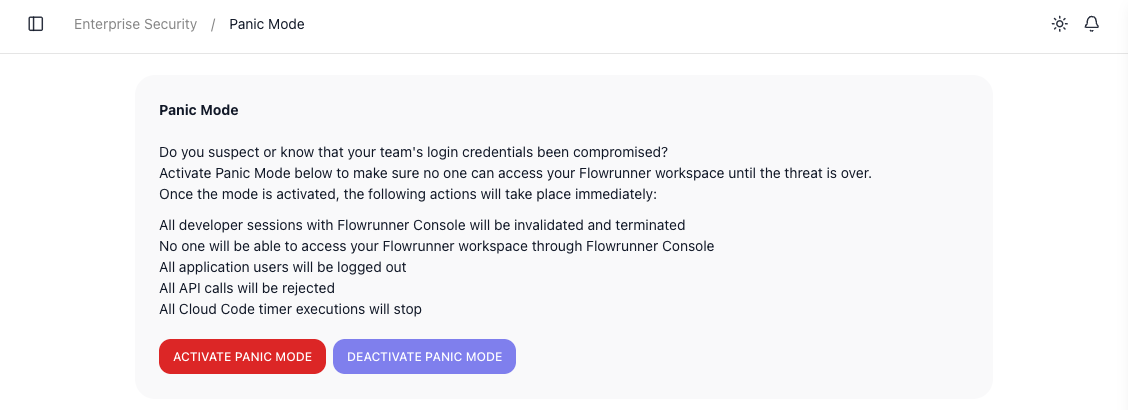 The Panic Mode screen: a card explaining it is for suspected credential compromise and listing what activation does at once - developer Console sessions terminated, Console access blocked, application users logged out, API calls rejected, and Cloud Code timers stopped - with Activate Panic Mode and Deactivate Panic Mode buttons.