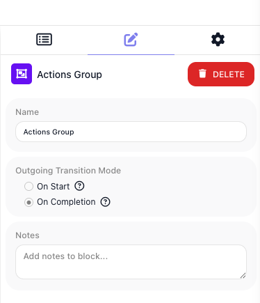 The Actions Group's configuration panel, with Outgoing Transition Mode set to On Completion - the choice that holds the downstream path until every inner action has finished.