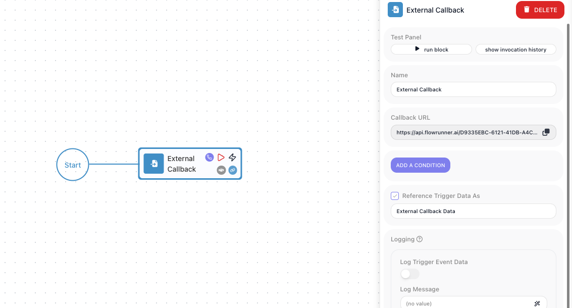 The External Callback trigger with its configuration panel: a generated, read-only Callback URL that an outside service calls to start or resume the flow, with an optional Condition gate.