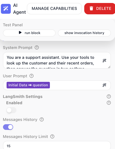The AI Agent block's configuration panel, its header naming the block and its System and User prompts above, with the Messages History toggle switched on and the Messages History Limit field set to 15.