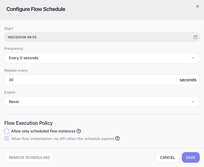 The Configure Flow Schedule popup: Start set to the current date and time, Frequency set to Every X seconds, Repeat every 30 seconds, and Expire left on Never, above the Flow Execution Policy checkboxes.