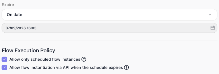 The Configure Flow Schedule popup with Expire set to a date, which enables the Flow Execution Policy's two checkboxes - both ticked here: "Allow only scheduled flow instances" and "Allow flow instantiation via API when the schedule expires".
