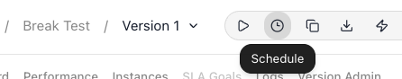 The flow editor's top toolbar, showing the Break Test / Version 1 breadcrumb and a row of icons - a play icon, then a clock icon with its "Schedule" tooltip showing, then copy and export icons.