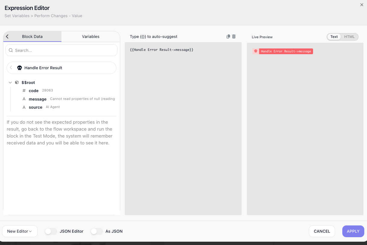 The Expression Editor with Block Data selected and Handle Error Result expanded to its fields - code, message, and source - and the reference <span class="fr-expr">Handle Error Result → message</span> built into the editor.