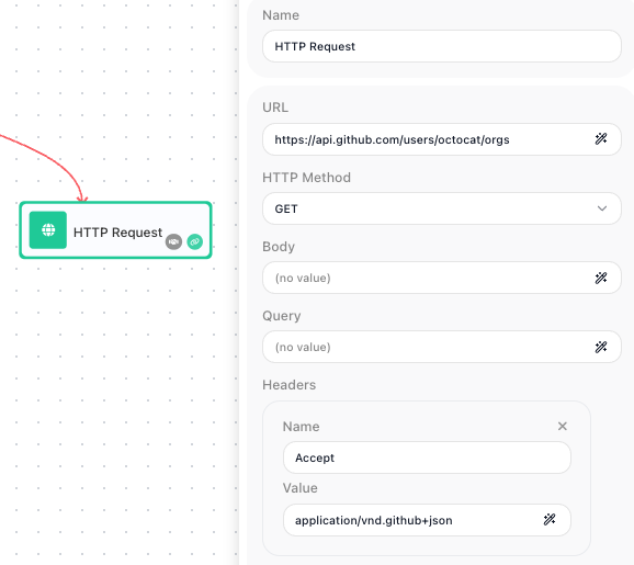 The HTTP Request block selected on the canvas with its configuration panel: the URL is https://api.github.com/users/octocat/orgs, HTTP Method is GET, Body and Query are empty, and a single Header has the Name Accept and the Value application/vnd.github+json.
