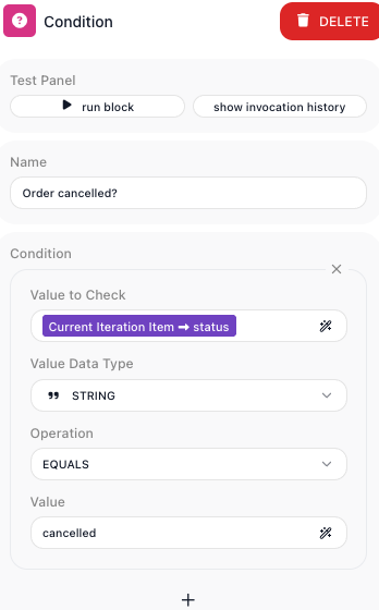 The Condition's configuration: Value to Check is Current Iteration Item arrow status, Operation is EQUALS, and Value is cancelled.