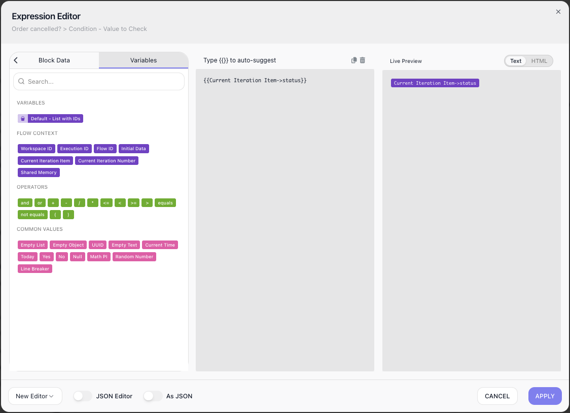 The Expression Editor with Current Iteration Item under Flow Context, used to build the expression Current Iteration Item arrow status.
