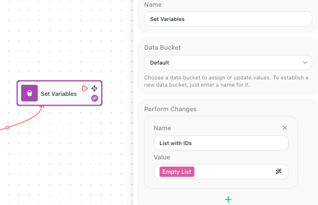 A Set Variables block before the loop, its panel showing Data Bucket Default and, under Perform Changes, a variable named "List with IDs" whose value is the Empty List pill.