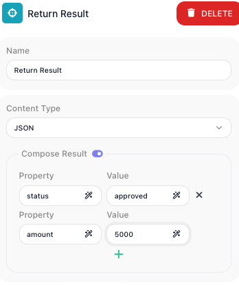 The Return Result block's panel: Content Type set to JSON, the Compose Result toggle on, and two Property and Value rows - status paired with approved, and amount with 5000 - above a plus to add another row.