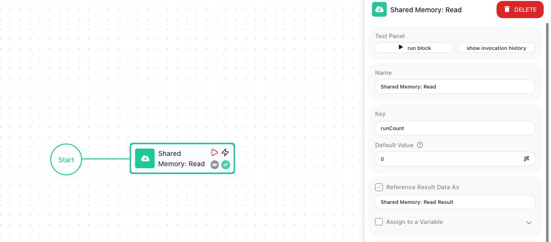 The Shared Memory: Read block on the canvas with its configuration panel open: Key is set to runCount and Default Value is set to 0.