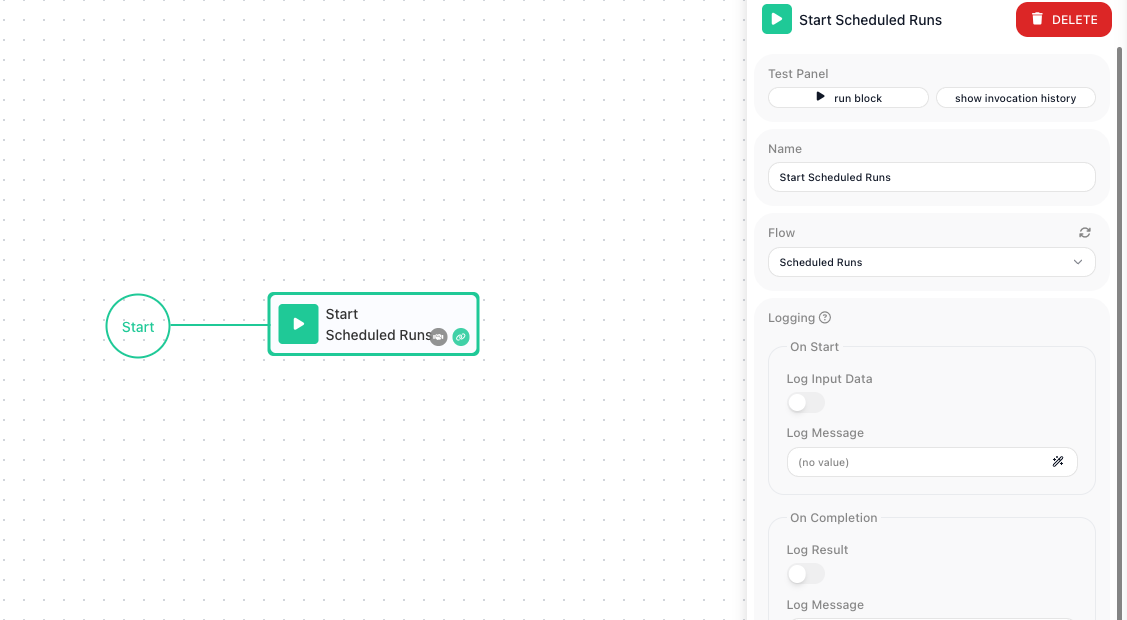 The Start Scheduled Runs block configured with the flow whose schedule it should start.