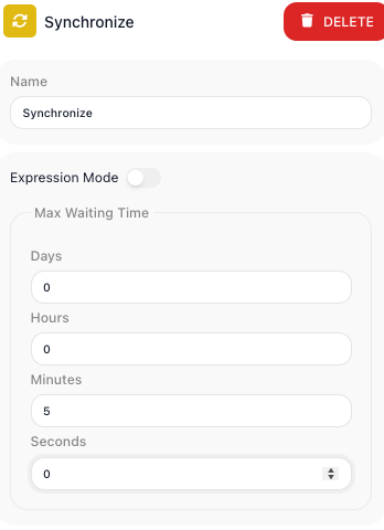 The Synchronize block with its configuration panel: a Max Waiting Time, set in Days/Hours/Minutes/Seconds, capping how long the block waits for the parallel branches before continuing.