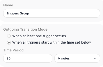 A Triggers Group with its Outgoing Transition Mode set to "When all triggers start within the time set below" and a Time Period of 30 Minutes - the window inside which every trigger in the group must fire for the flow to continue.