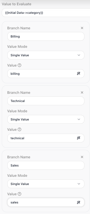 The Value Router block selected, with its branches defined in the properties panel: Value to Evaluate reads the ticket's category from Initial Data, and three branches - Billing, Technical, and Sales - each use Single Value mode to match one exact category (billing, technical, sales).