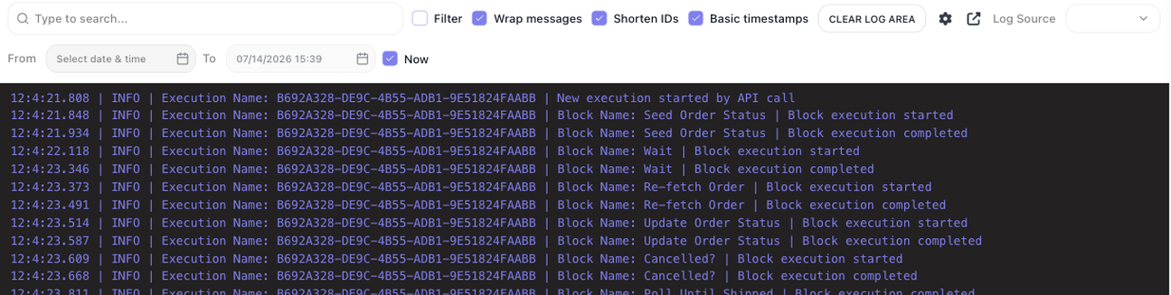 The Logs stream: timestamped INFO lines for each run and each block, with filter and display controls above.