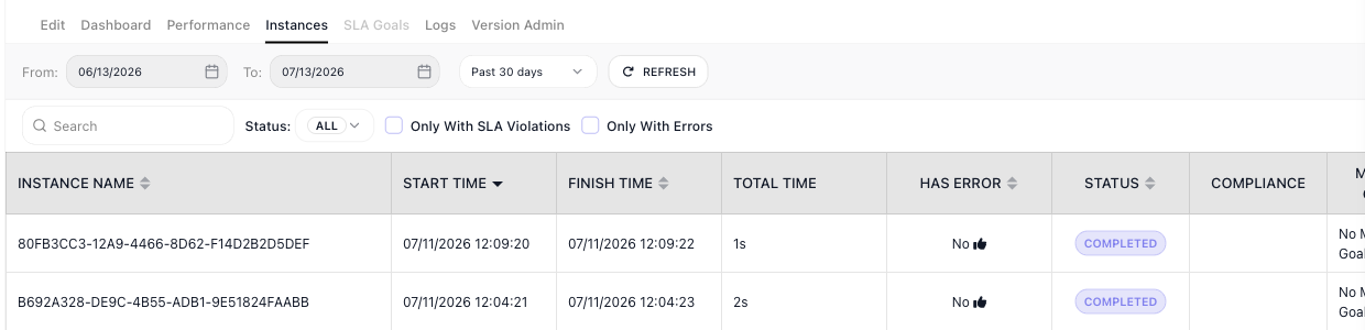 The Instances tab listing two completed runs of the flow, each with a start and finish time, a total time, no error, and a status of COMPLETED.