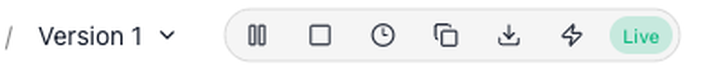 The same toolbar with the version now marked Live, the Start flow button replaced by pause and stop controls.