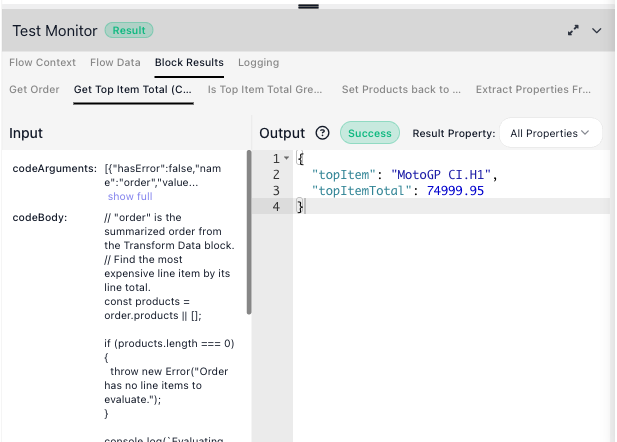 Block Results for the Custom Cloud Code block: the code in the Input, and the returned topItem and topItemTotal in the Output.