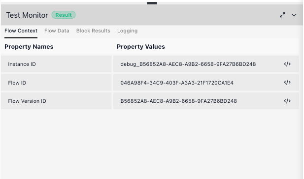 The Flow Context tab: a small table with Instance ID, Flow ID, and Flow Version ID.