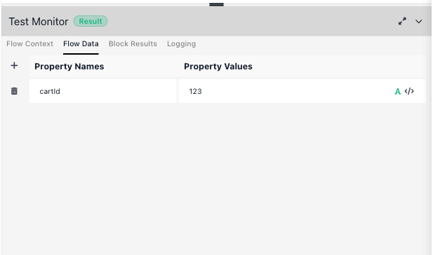 The Flow Data tab with a single row: property name cartId, value 123.