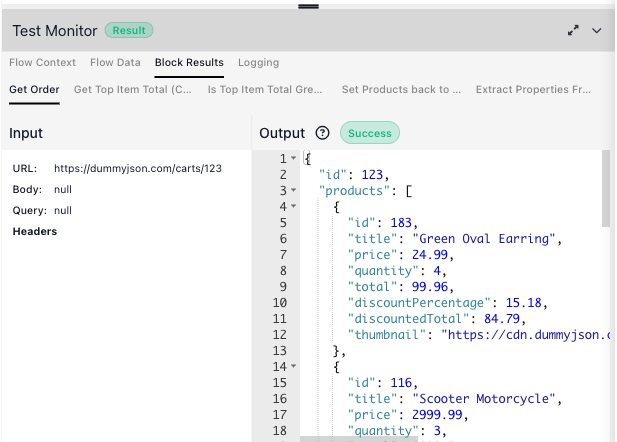 Block Results for Get Order: the Input shows the resolved URL; the Output shows the fetched order as JSON, with a products array and totals.