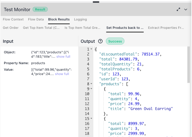 Block Results for Set Products back to Order: the Input is the order and the trimmed array; the Output is the order with its products replaced by the tidy lines, totals intact.