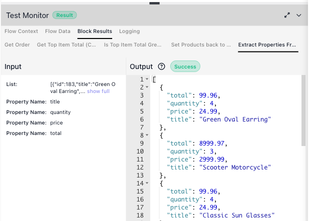 Block Results for the transform: the Input is the raw product list; the Output is the trimmed four-field lines.